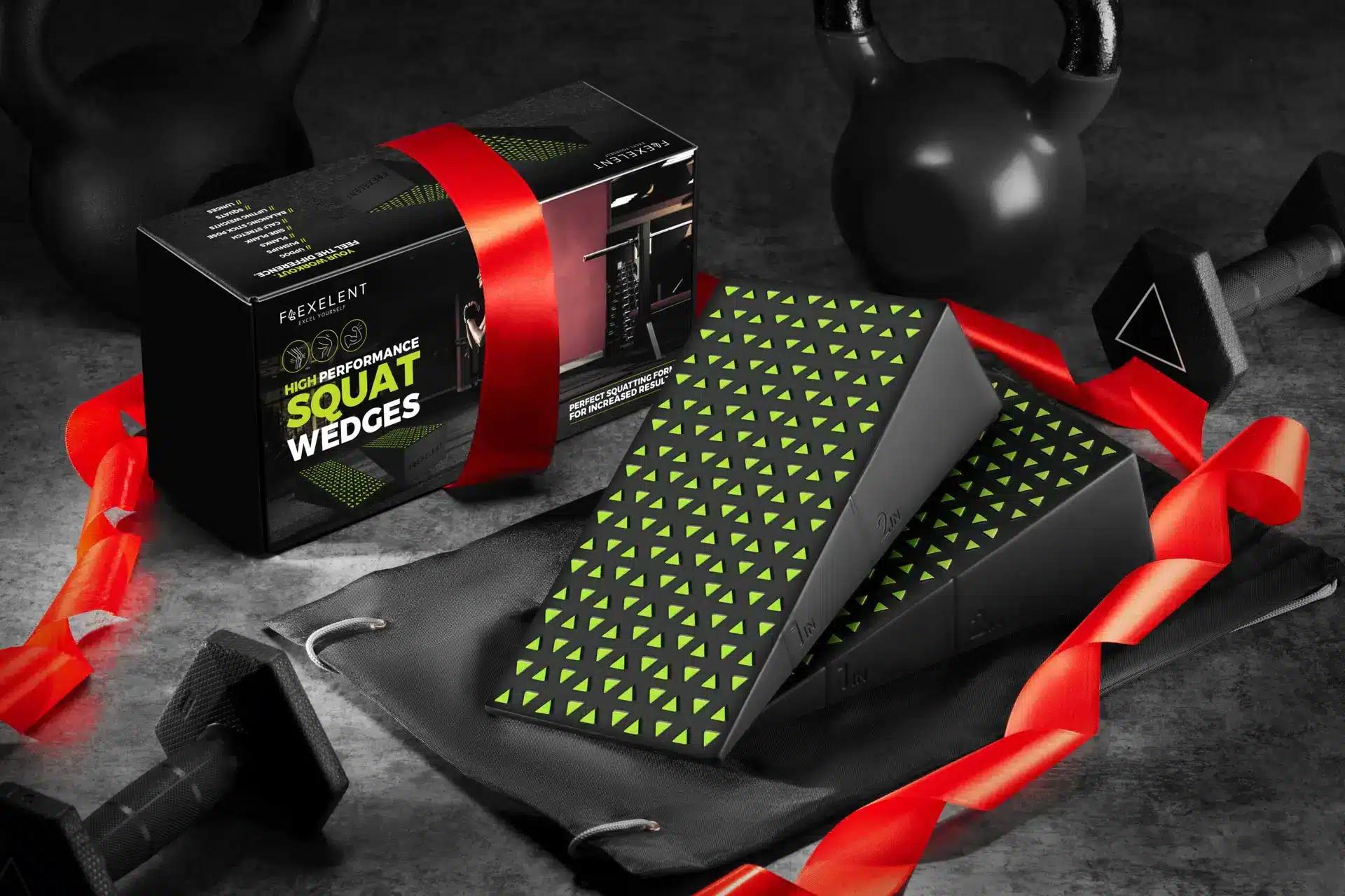 Flexelent Squat Wedges with packaging and gym equipment