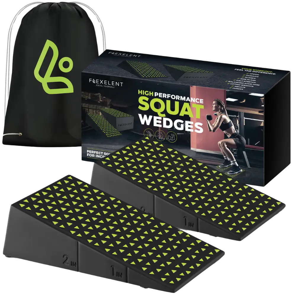 Flexelent High-Performance Squat Wedges with Lime Green Grip, Adjustable EVA Slant Boards with Drawstring Backpack